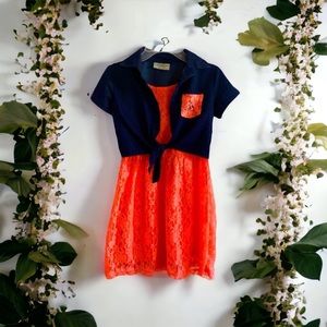 Coral Lace Dress with Denim Jacket Attached (Kids Medium 7/8) NWOT